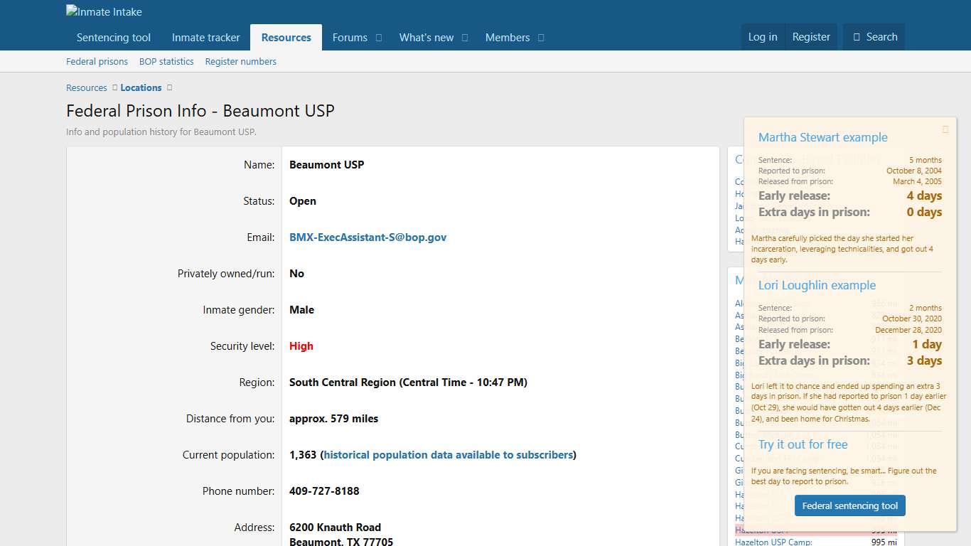 Federal Prison Info - Beaumont USP | Inmate Intake
